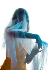 Silhouetted backlit portraits of female model draped in a sheer shroud veil, glowing with soft rim...