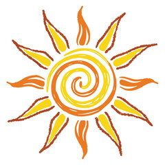 Bright swirling sunburst, hand drawn illustration with radiant yellow and orange rays