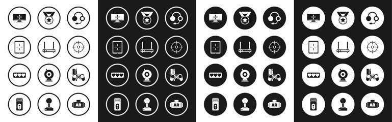 Set Headphones, Router and wi-fi signal, Tablet, Computer monitor, Target sport, Medal, Game console with joystick and Like heart icon. Vector