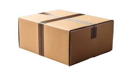 Securely taped cardboard box, parcel delivery package, postal shipping supply, retail cargo goods, isolated on transparent background.