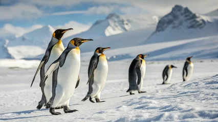 Fototapete Majestic king penguins walking in a snowy antarctic landscape © Md
