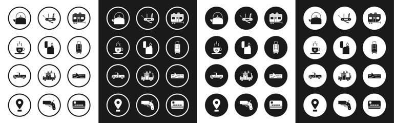 Set Rv Camping trailer, Lighter, Coffee cup, Kettle with handle, Suitcase, Swiss army knife, Wooden log and Pickup truck icon. Vector