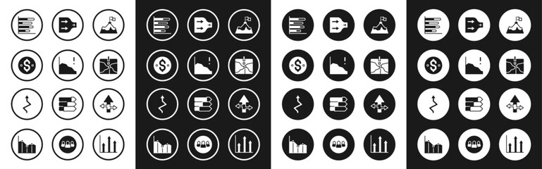 Set Mountains with flag, Financial growth decrease, Dollar symbol, Pie chart infographic, Intersection point, Arrow, and icon. Vector
