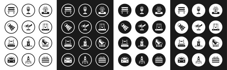 Set Ferris wheel, Swing plane, Badminton shuttlecock, Bench, Trash can, Roller skate and Bungee icon. Vector
