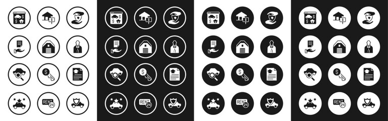 Set House with shield, Garage, contract, Online real estate, Realtor, dollar, and Car sharing icon. Vector