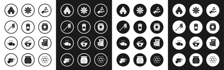 Set Honeycomb and hand, Cup of tea with honey, dipper stick dripping, Hive for bees, Wooden barrel, Flower, and Tea kettle icon. Vector