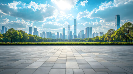 Future architecture and blue sky backdrop in an empty city park with a concrete floor