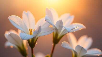 Obraz premium Close-up of delicate white flowers bathed in soft golden sunset light, petals glowing warmly against a blurred background of amber hues