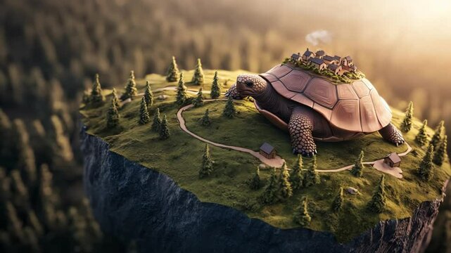 Giant tortoise carrying a village on its back, surrounded by a forested landscape at sunset