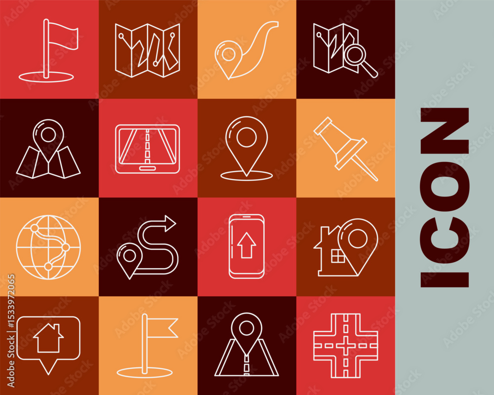 Poster set line road traffic sign, map pointer with house, push pin, route location, infographic of city ma