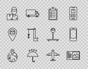 Set line Worldwide, Postcard, Verification of delivery list clipboard, Umbrella and rain drops, Delivery man with cardboard boxes, Harbor port crane, Plane and Mobile phone app tracking icon. Vector