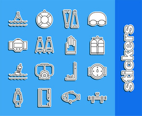 Set line Manifold, Wind rose, Aqualung, Rubber flippers for swimming, Diving watch, Floating buoy on the sea and Gloves icon. Vector