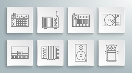 Set line Piano, Radio with antenna, Musical instrument accordion, Stereo speaker, Guitar pedal, synthesizer, Vinyl player vinyl disk and Drum machine icon. Vector
