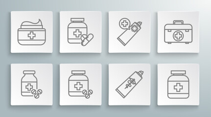 Set line Medicine bottle and pills, Ointment cream tube medicine, First aid kit and icon. Vector