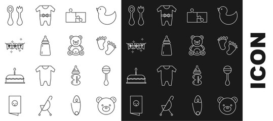 Set line Teddy bear plush toy, Rattle baby, Baby footprints, Piece of puzzle, bottle, Carnival garland with flags, cutlery fork spoon and icon. Vector