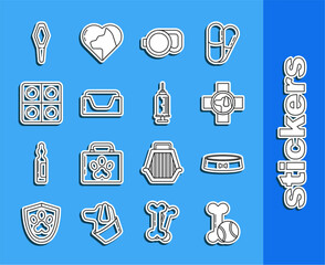 Set line Pet toys bone rubber and ball, food bowl, Veterinary clinic symbol, Retractable cord leash, bed, Dog pills, Pets vial medical and Syringe with pet vaccine icon. Vector