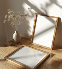 Vertical wooden frame mockup poster leaning on the wall for artwork, photo, print and painting presentation