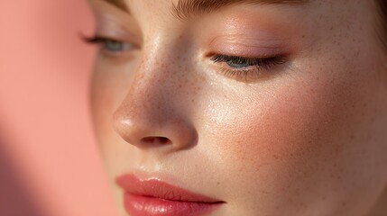 Fototapeta premium morning skin clarity Close-up portrait showcasing natural beauty with soft lighting and gentle skin tones, highlighting fresh makeup look.