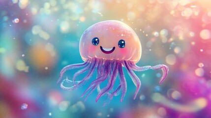 Cheerful jellyfish in a vibrant, dreamy scene