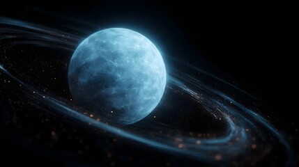 A glowing ice planet model with holographic orbit paths circling it