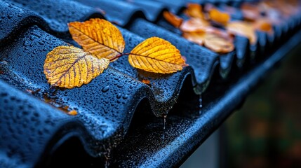 Autumn leaves on a wet, dark roof