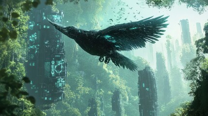 Futuristic avian in lush, overgrown jungle