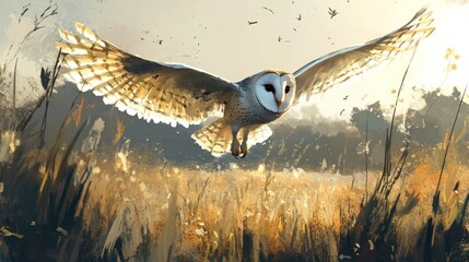 A barn owl soars above a golden field.  Detailed illustration showcasing the owl's graceful flight. Soft sunlight bathes the scene
