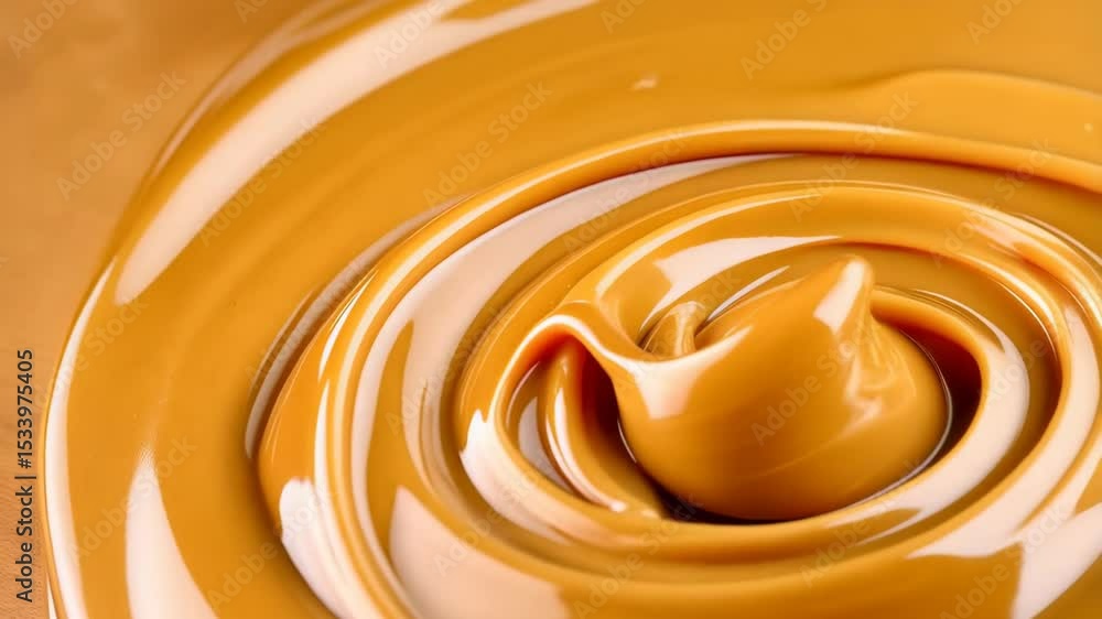 Poster Close up view of flowing smooth caramel sauce creating a mesmerizing swirl pattern, showcasing glossy texture and sweet dessert concept