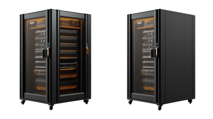 Sleek Black Server Rack with Glass Doors showcasing internal components and gold accents
