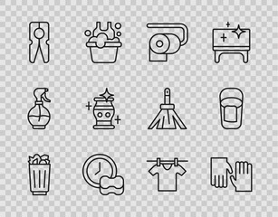 Set line Full trash can, Rubber gloves, Toilet paper roll, Washing dishes, Clothes pin, Clean vase, Drying clothes and Bucket with rag icon. Vector