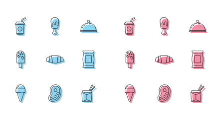 Set line Ice cream in waffle cone, Steak meat, Paper glass with straw, Asian noodles and chopsticks, Croissant, Bag or packet potato chips, and Chicken leg icon. Vector