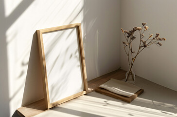 Vertical wooden frame mockup poster leaning on the wall for artwork, photo, print and painting presentation
