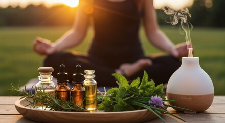 Mindful aromatherapy setup with glowing oil bottles, rosemary, mint, and chive flowers arranged on a tray near a misting diffuser; soft-focus woman meditates in background, golden-hour light.