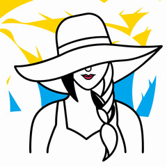 Woman in Wide-Brimmed Sun Hat, Summer Fashion Illustration