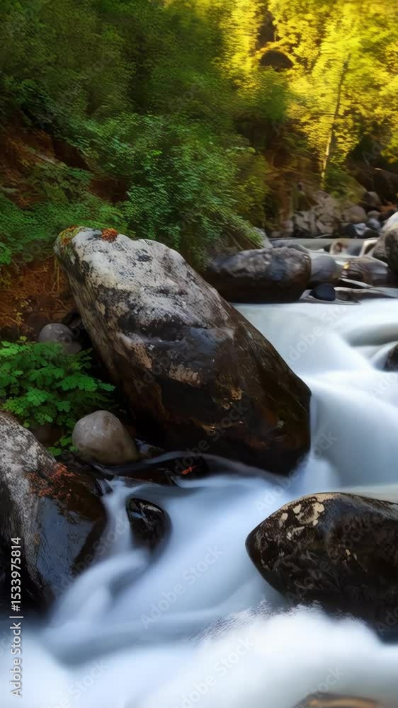 Poster fast flowing stream cascades over dark river rocks within a densely forested area in nature with a l