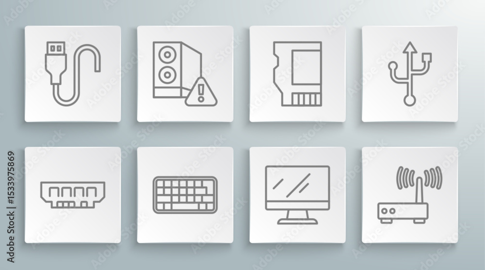 Poster set line ram, random access memory, case of computer, keyboard, computer monitor screen, router wi-f