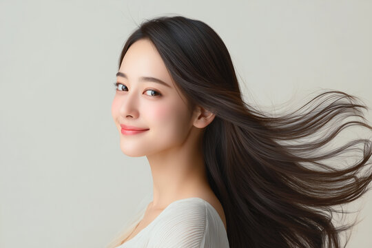 サラサラのロングヘアの黒髪を靡かせて振り向く日本人女性