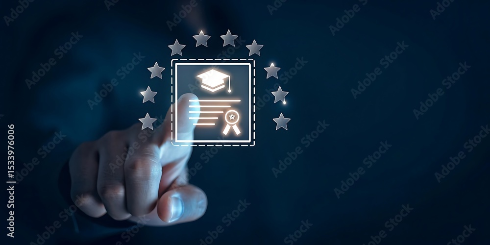 Aufkleber hand touching digital certificate icon on transparent interface screen background. virtual certifica