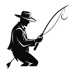 Silhouette of Cowboy Fisherman Holding Fishing Rod Illustration