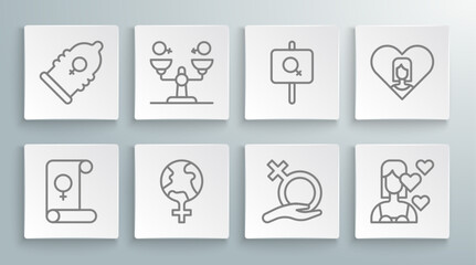 Set line Feminism, Gender equality, the world, Female gender, Love yourself, Feminist activist, Heart with female and Condom icon. Vector