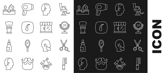 Set line Hairbrush, Scissors hairdresser, Hand mirror, Baldness, Human follicle, Shaving, and Barbershop building icon. Vector