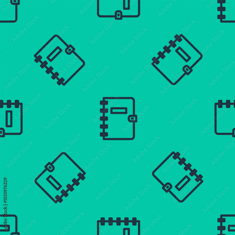 Poster blue line notebook icon isolated seamless pattern on green background. spiral notepad icon. school n