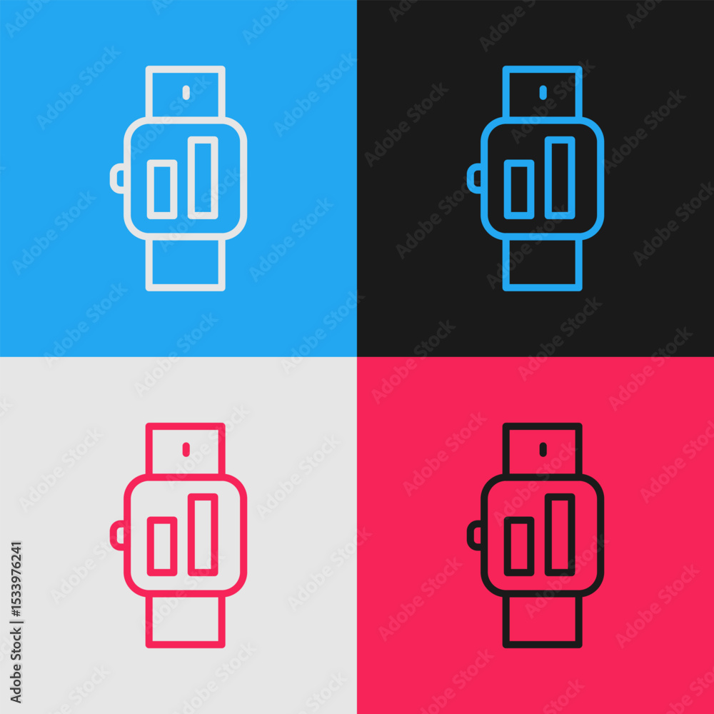 Poster pop art line smartwatch icon isolated on color background. vector