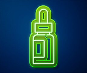 Obraz premium Glowing neon line Essential oil bottle icon isolated on blue background. Organic aromatherapy essence. Skin care serum glass drop package. Vector