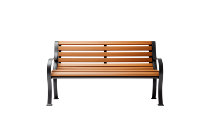 Modern park bench with wooden slats and metal frame against a transparent  background