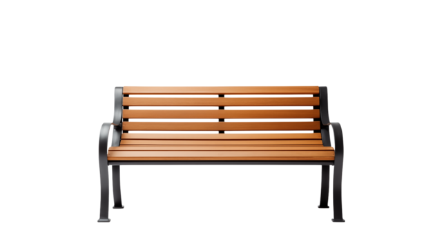 Modern park bench with wooden slats and metal frame against a transparent background