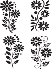 Elegant black and white floral silhouettes design featuring daisy flowers leaves and ornate elements for decoration