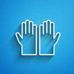 White line Medical rubber gloves icon isolated on blue background. Protective rubber gloves. Long shadow. Vector