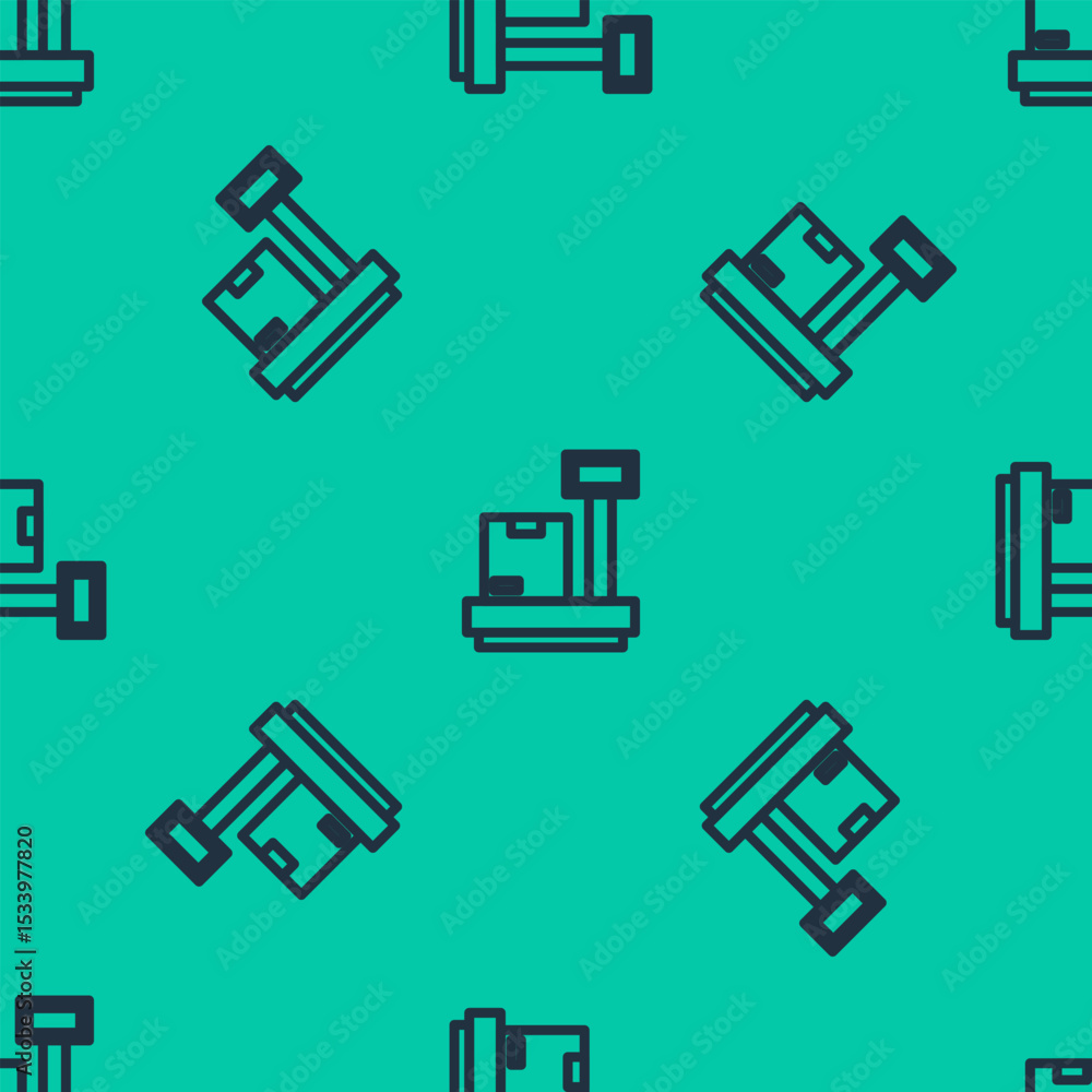 Poster blue line scale with cardboard box icon isolated seamless pattern on green background. logistic and 