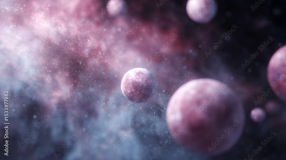 Poster a translucent planetary system slowly rotating with soft particle effects